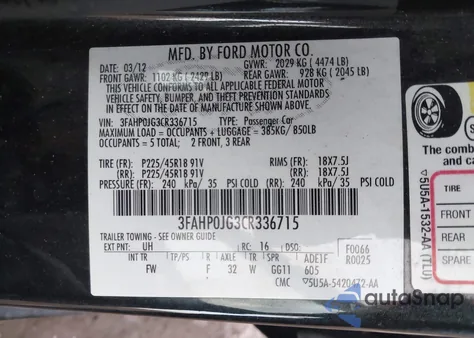 2012 Ford Fusion Sel z USA, uszkodzony, nr VIN 3FAHP0JG3CR336715